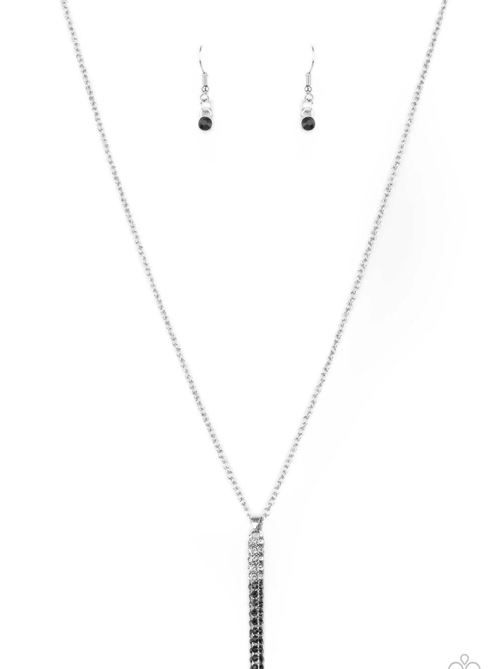 paparazzi Silver and Black Crystal Tassel Necklace with Matching Earrings